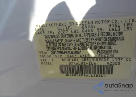 2010 Nissan Sentra 2.0 z USA, uszkodzony, nr VIN 3N1AB6AP8AL658864